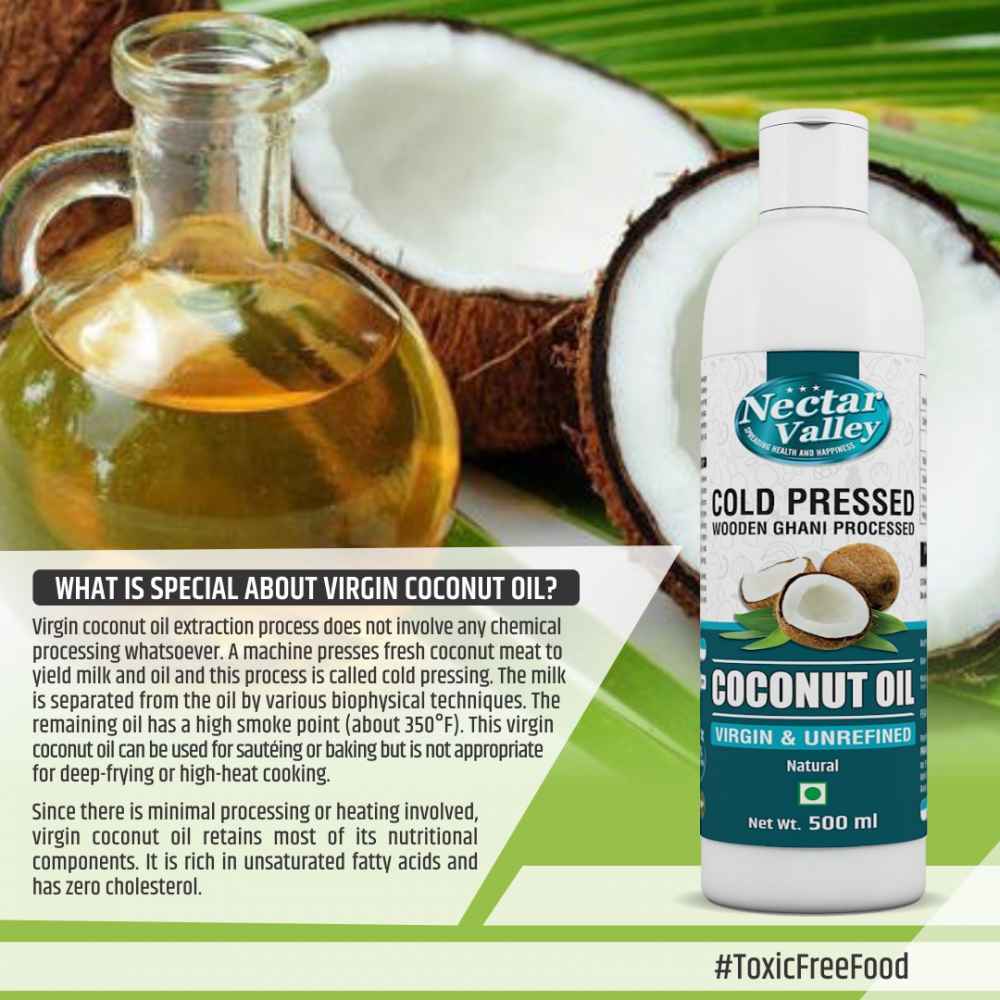 Virgin Coconut Oil organically processed, suitable for cooking, extracted from fresh coconut milk - 500ml