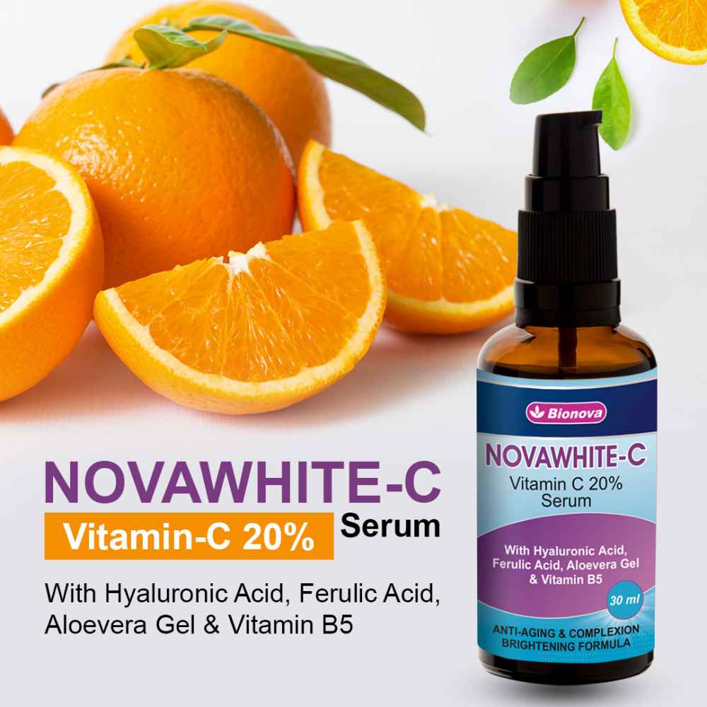Vitamin C 20% serum for face, with argireline peptides, vitamin E, hyaluronic acid, niacinamide & aloevera - 30ml in glass bottle