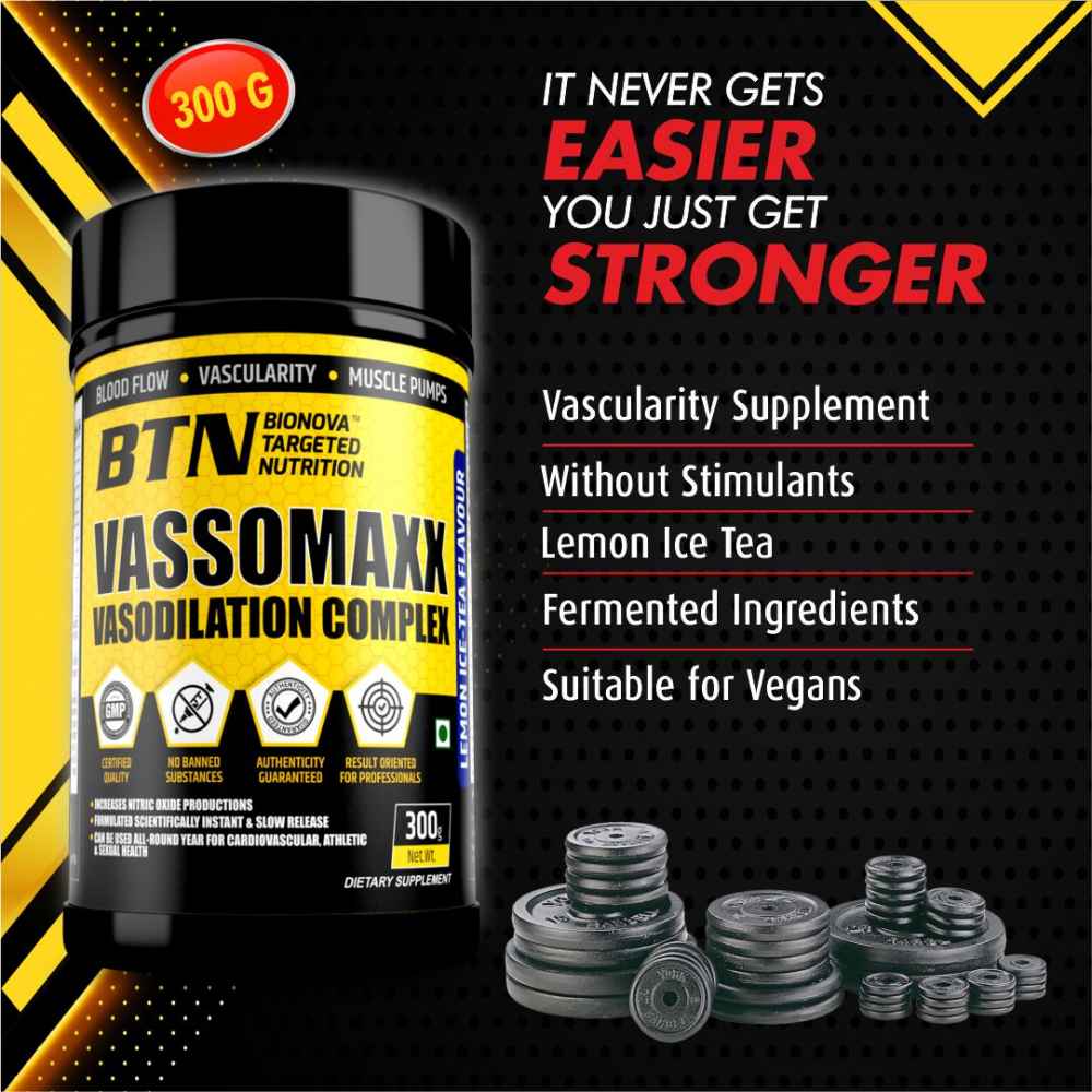 Vassomax Vasodilation Complex, slow & fast release formula without stimulants for pump, bodybuilder vein & muscle building (Lemon Ice tea) 300g