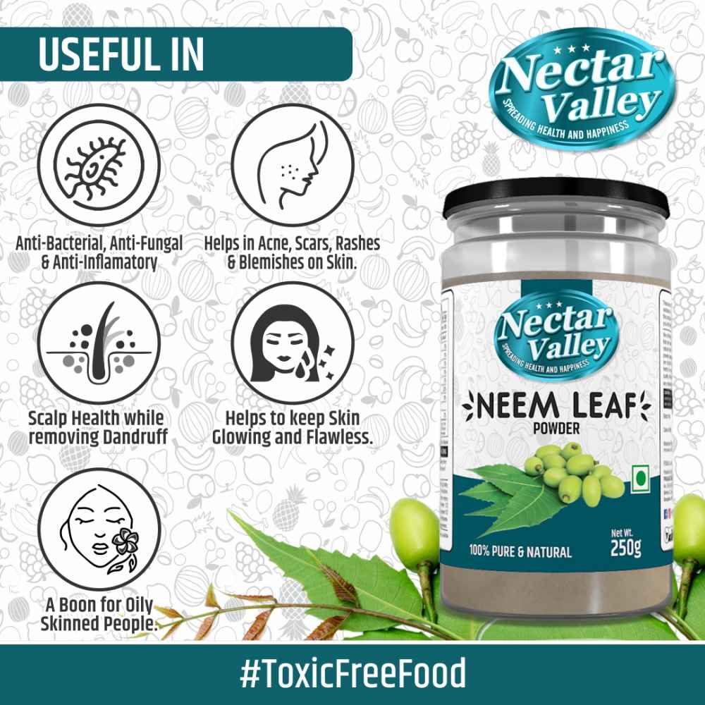 Nectar Valley Neem Leaf Powder (Azadirachta indica) 100% pure Edible &  suitable for Anti-Dandruff Hair Packs & Anti-Acne Face Packs - 250g